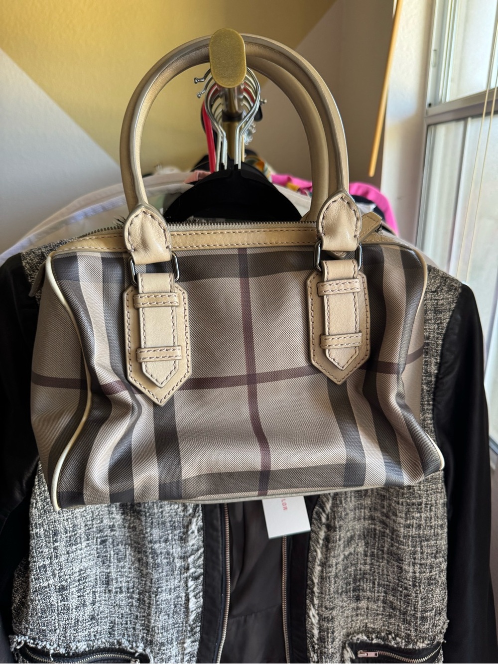 Auth EUC Burberry Beige Plaid Top-Handle Satchel